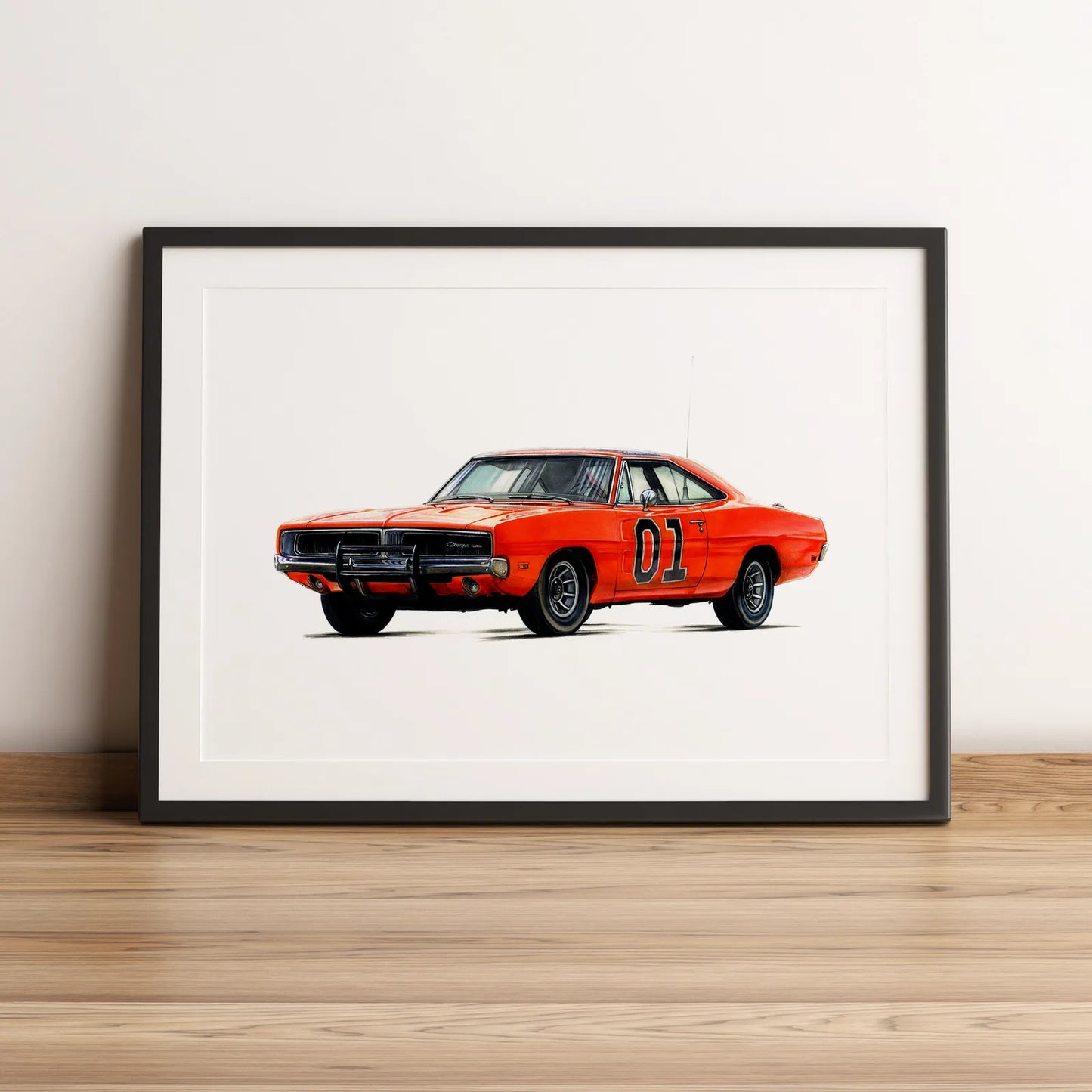 Illustration cinéma de la Dodge Charger "General Lee" de la séerie "Shérif, fais-moi peur" 1969 dessinée à la main par l’artiste Anthony Caillon.