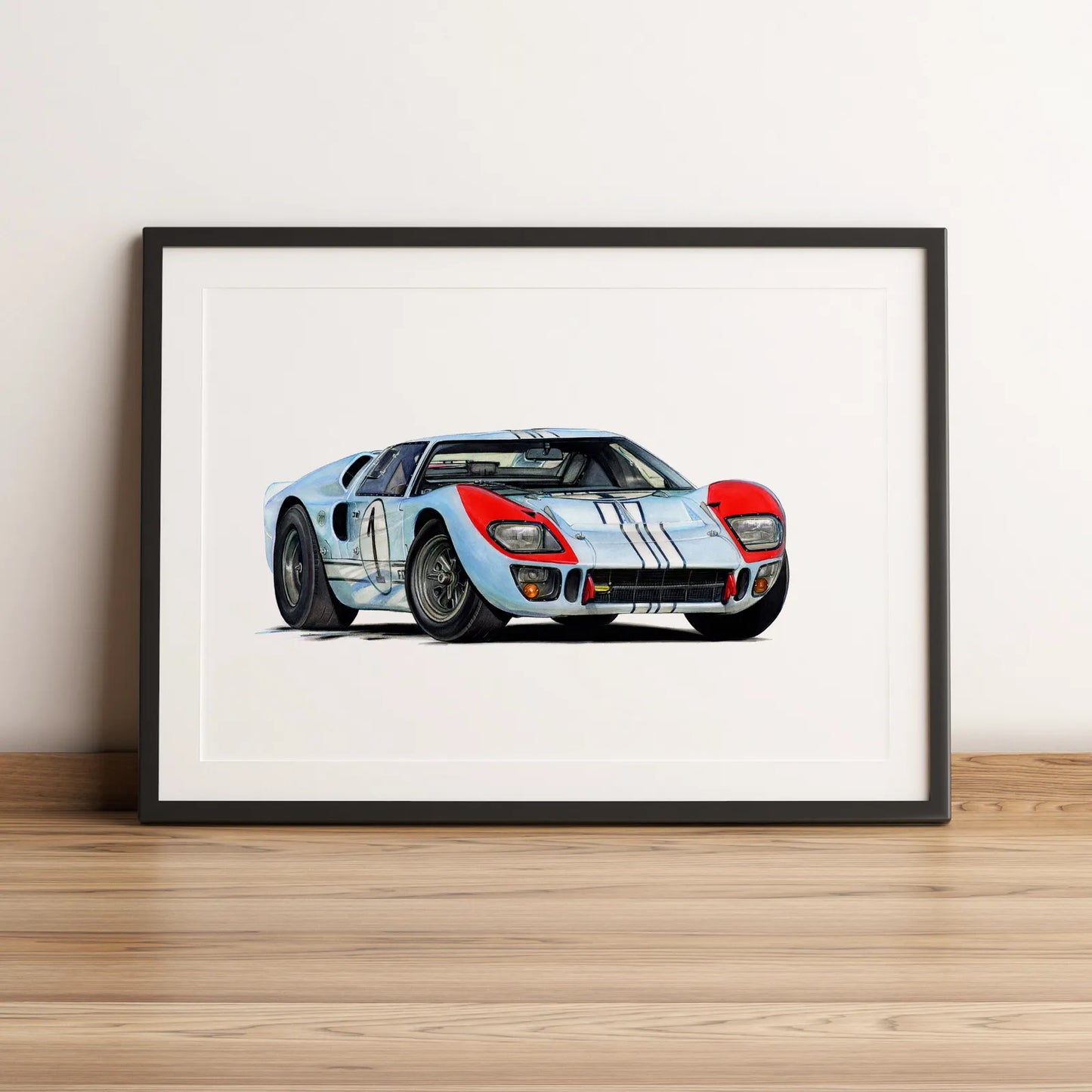 Illustration d’endurance de la Ford GT40 #1 1966 dessinée à la main par l’artiste Anthony Caillon.