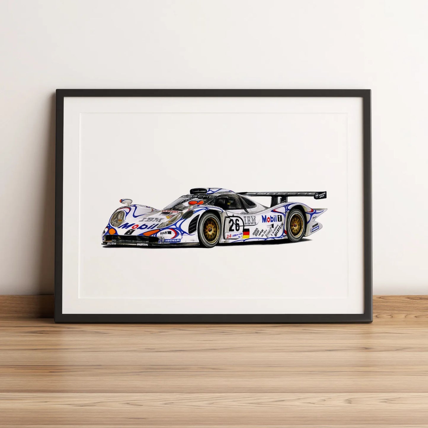 Illustration d’endurance de la Porsche 911 GT1 #26 1998 dessinée à la main par l’artiste Anthony Caillon.