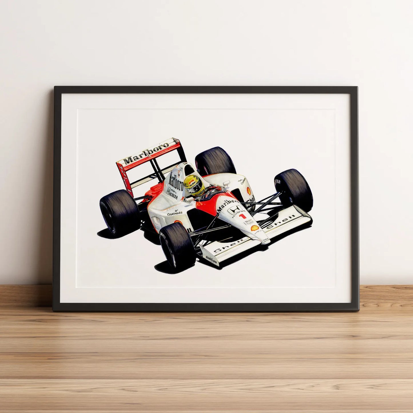 Illustration Formule 1 de Ayrton Senna au volant de la McLaren MP4/6 1991 dessinée à la main par l’artiste Anthony Caillon.