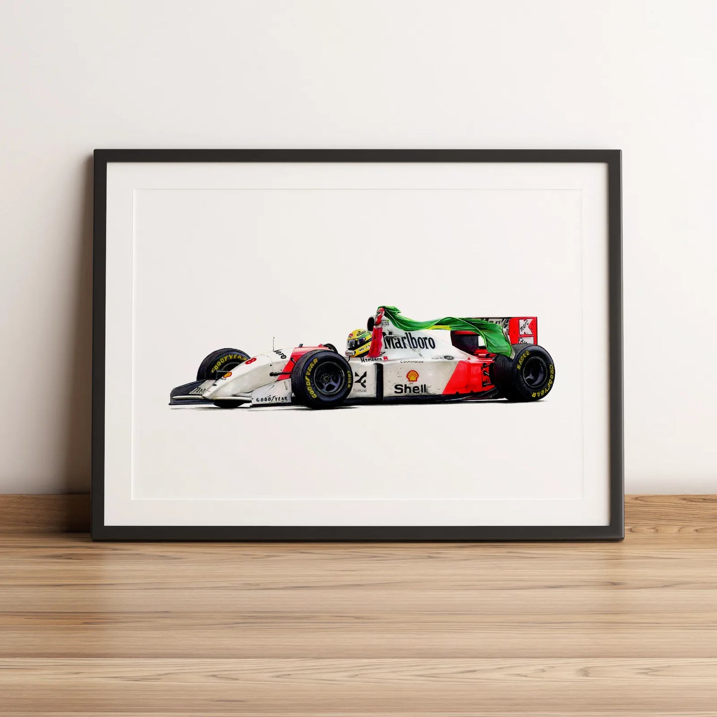 Illustration Formule 1 de Ayrton Senna au volant de la McLaren MP4/8 1993 dessinée à la main par l’artiste Anthony Caillon.