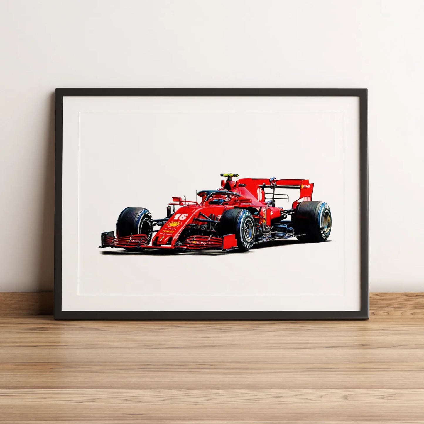 Illustration Formule 1 de Charles Leclerc au volant de la Ferrari F1000 2020 dessinée à la main par l’artiste Anthony Caillon.