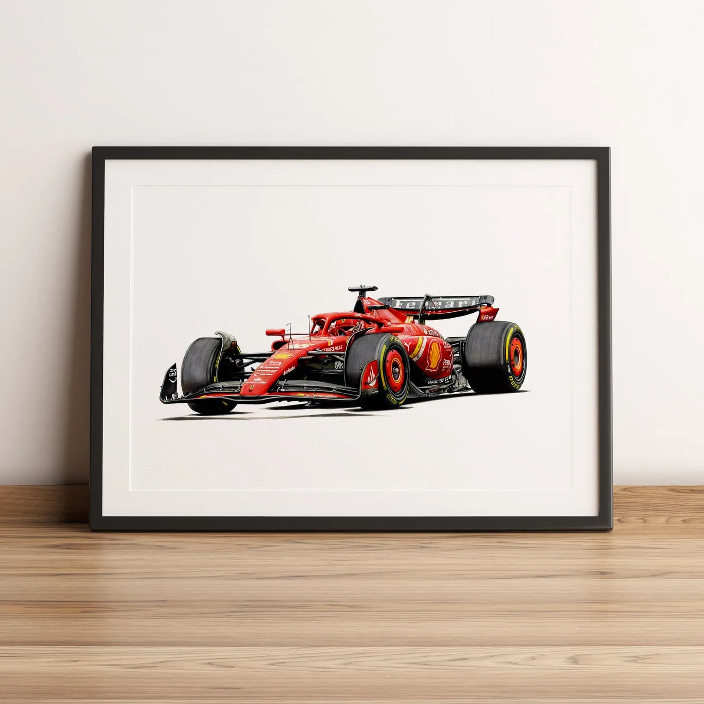 Illustration Formule 1 de Charles Leclerc au volant de la Ferrari SF-24 2024 dessinée à la main par l’artiste Anthony Caillon.