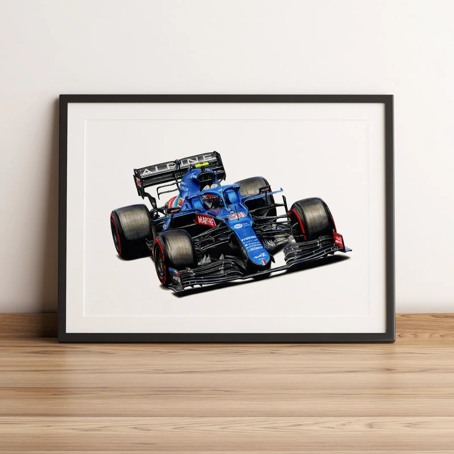 Illustration Formule 1 d'Esteban Ocon au volant de l'Alpine A521 2021 dessinée à la main par l’artiste Anthony Caillon.