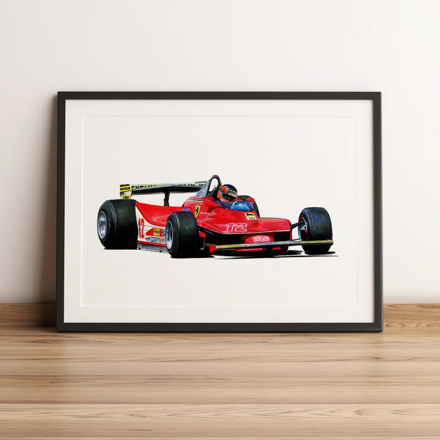 Illustration Formule 1 de Gilles Villeneuve au volant de la Ferrari 312 T4 1979 dessinée à la main par l’artiste Anthony Caillon.
