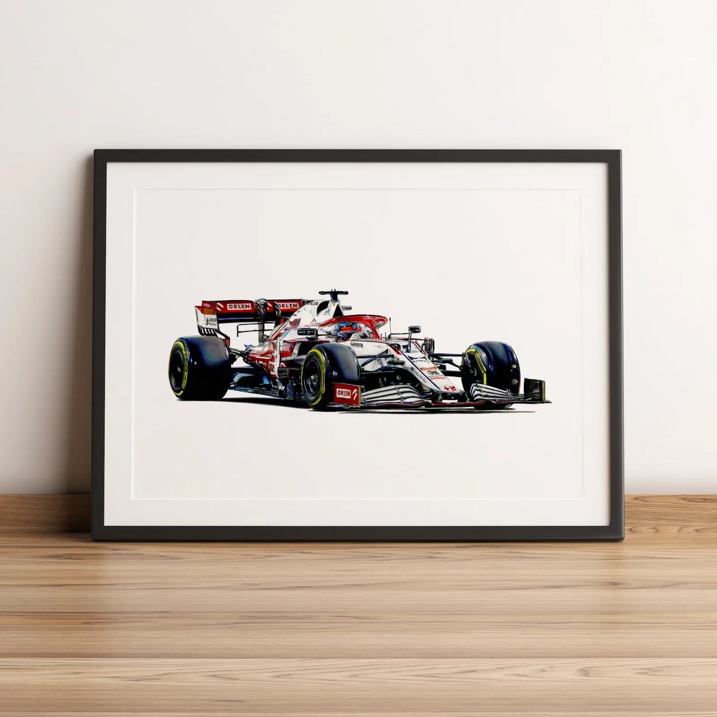 Illustration Formule 1 de Kimi Räikkönen au volant de l'Alfa Romeo C41 2021 dessinée à la main par l’artiste Anthony Caillon.