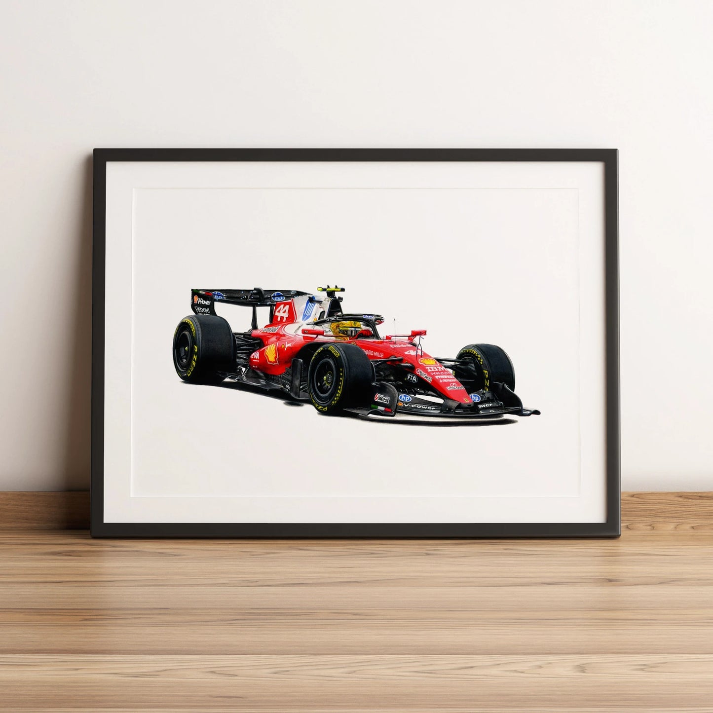 Illustration Formule 1 de Lewis Hamilton au volant de la Ferrari SF-26 2026 dessinée à la main par l’artiste Anthony Caillon.