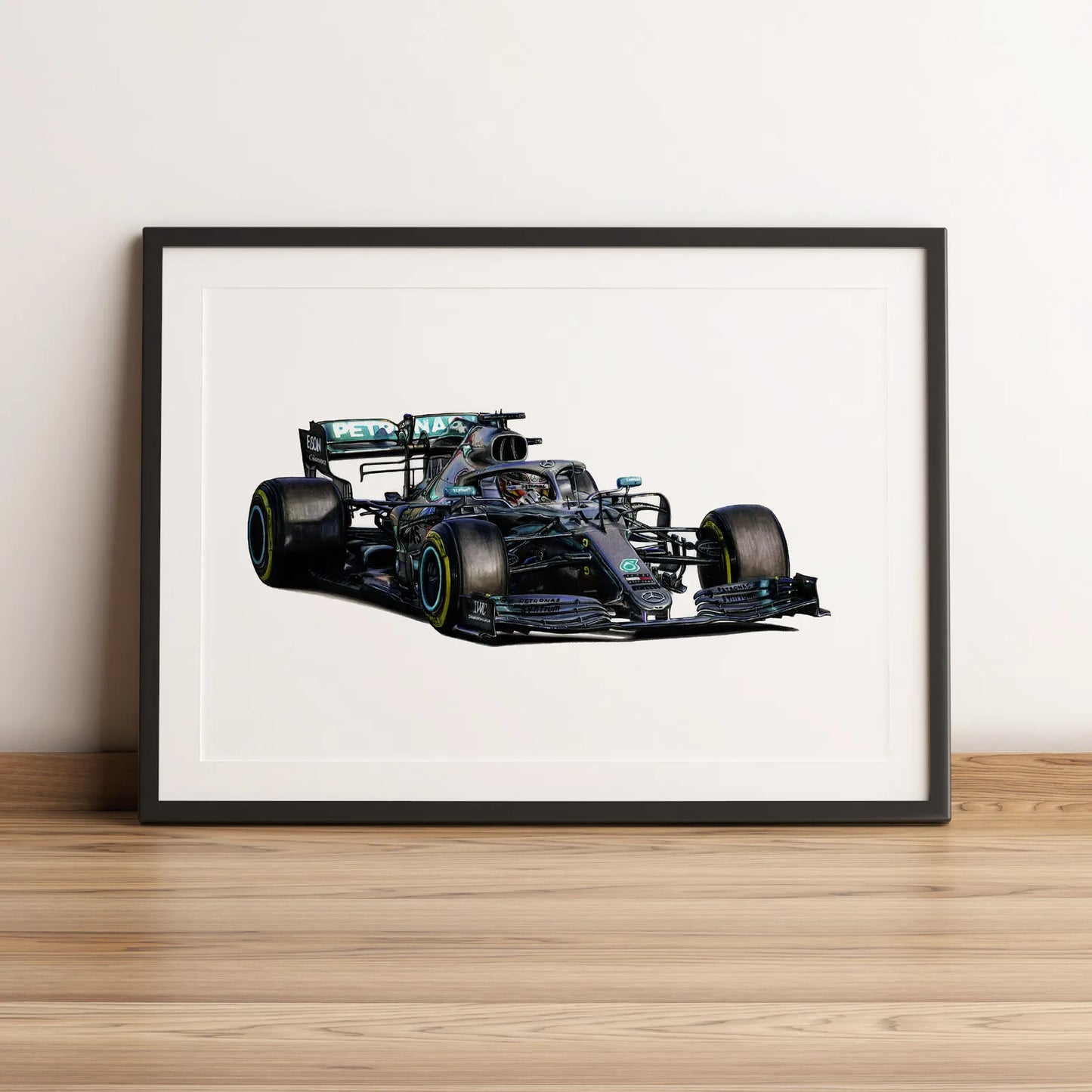 Illustration Formule 1 de Lewis Hamilton au volant de la Mercedes-AMG F1 W10 2019 dessinée à la main par l’artiste Anthony Caillon.
