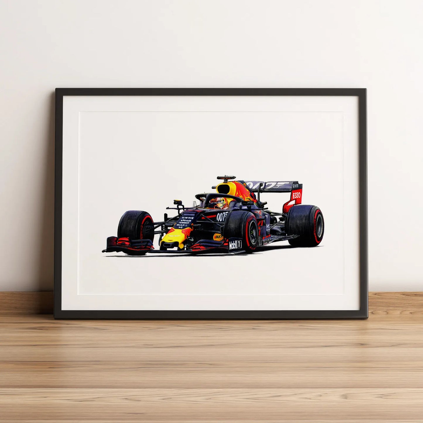 Illustration Formule 1 de Max Verstappen au volant de la Red Bull RB15 James Bond 007 Grande Bretagne 2018 dessinée à la main par l’artiste Anthony Caillon.