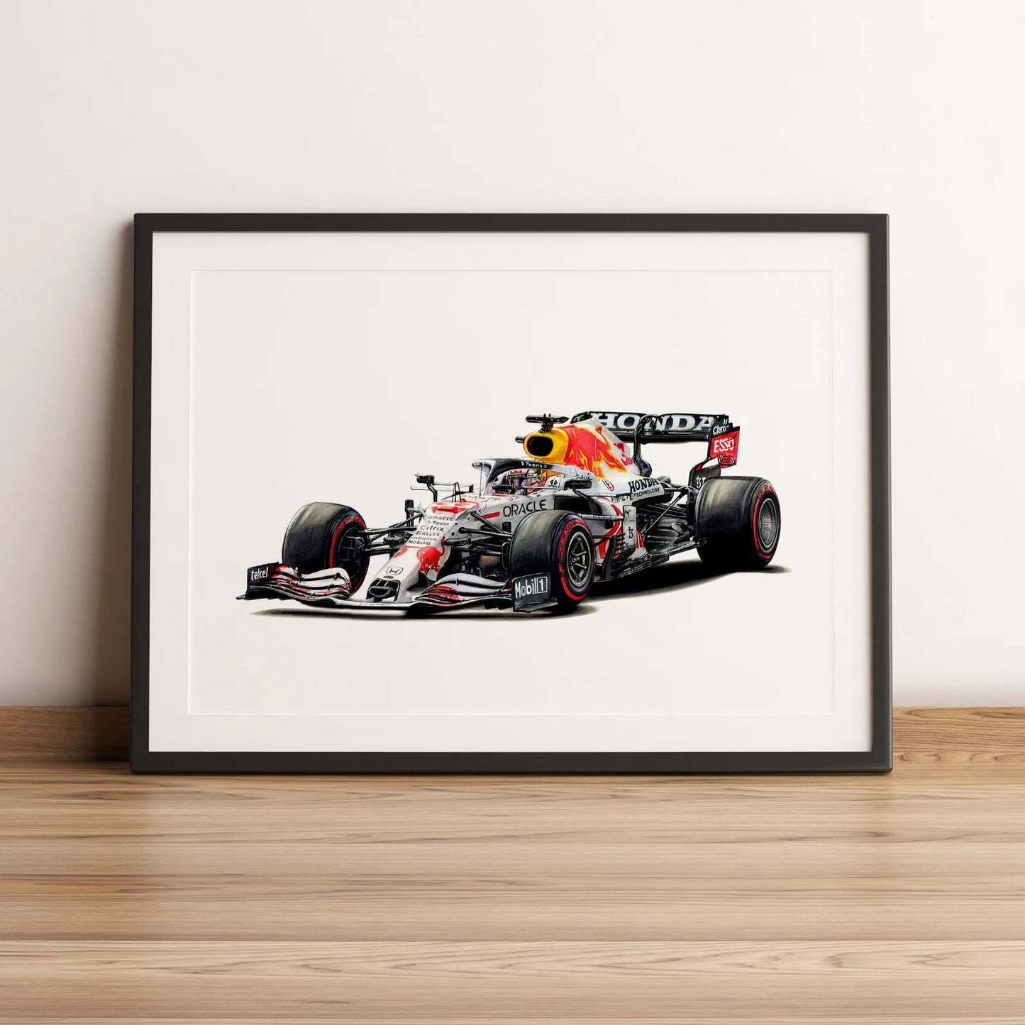 Illustration Formule 1 de Max Verstappen au volant de la Red Bull RB16B Honda Japon 2021 dessinée à la main par l’artiste Anthony Caillon.