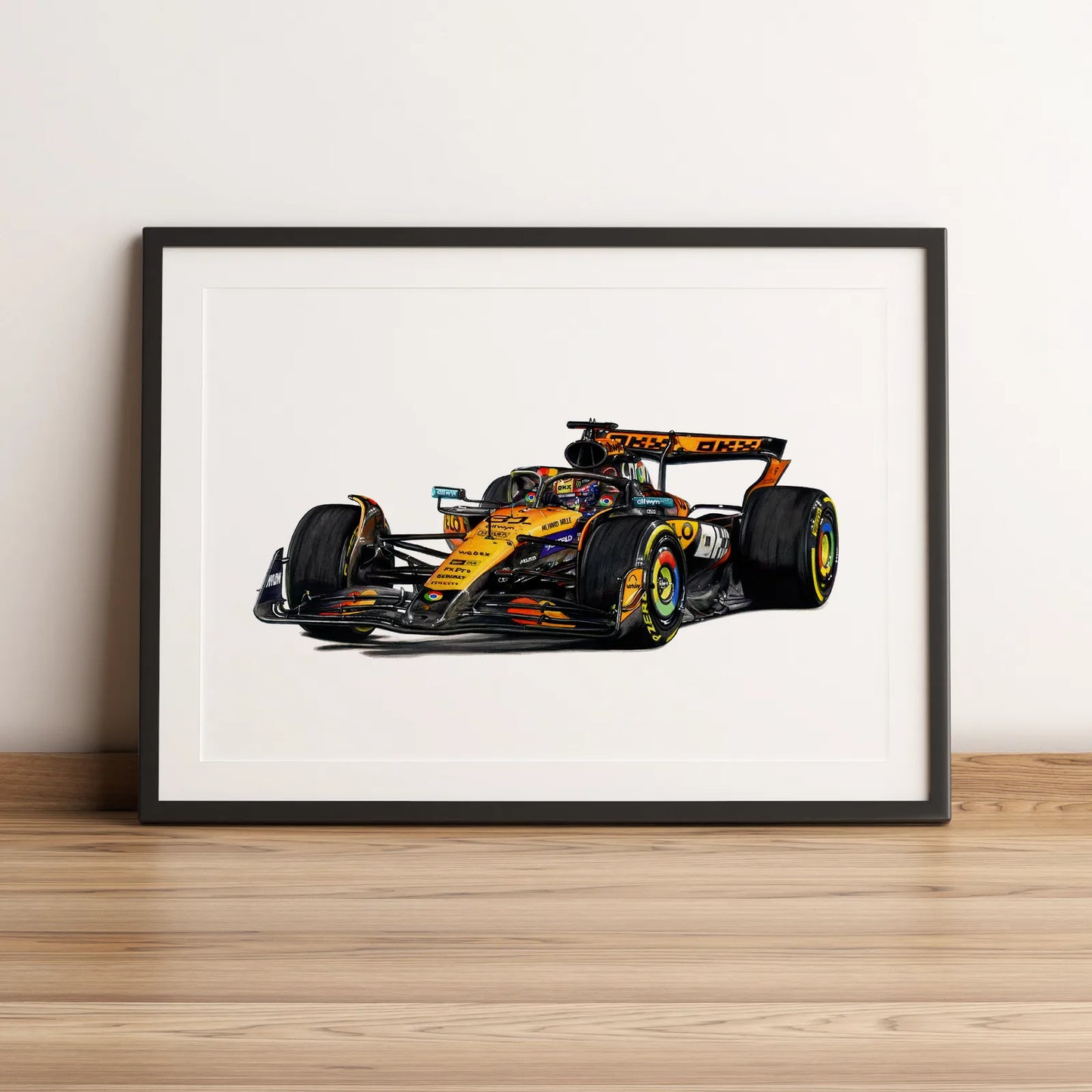 Illustration Formule 1 de Oscar Piastri au volant de la McLaren MCL39 2025 dessinée à la main par l’artiste Anthony Caillon.