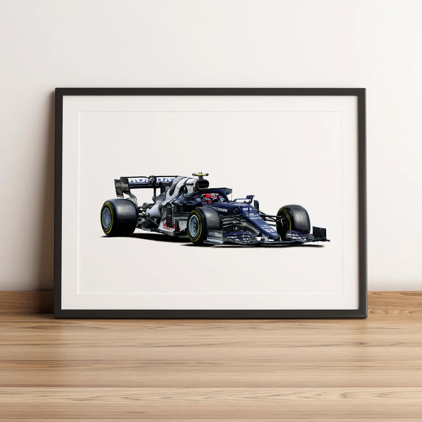 Illustration Formule 1 de Pierre Gasly au volant de l'AlphaTauri AT02 2021 dessinée à la main par l’artiste Anthony Caillon.