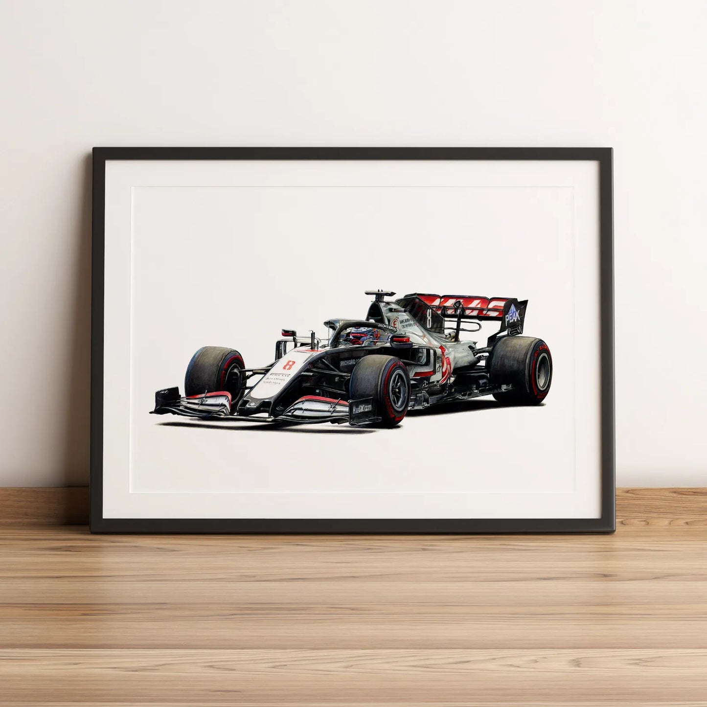 Illustration Formule 1 de Romain Grosjean au volant de la Haas VF-20 2020 dessinée à la main par l’artiste Anthony Caillon.