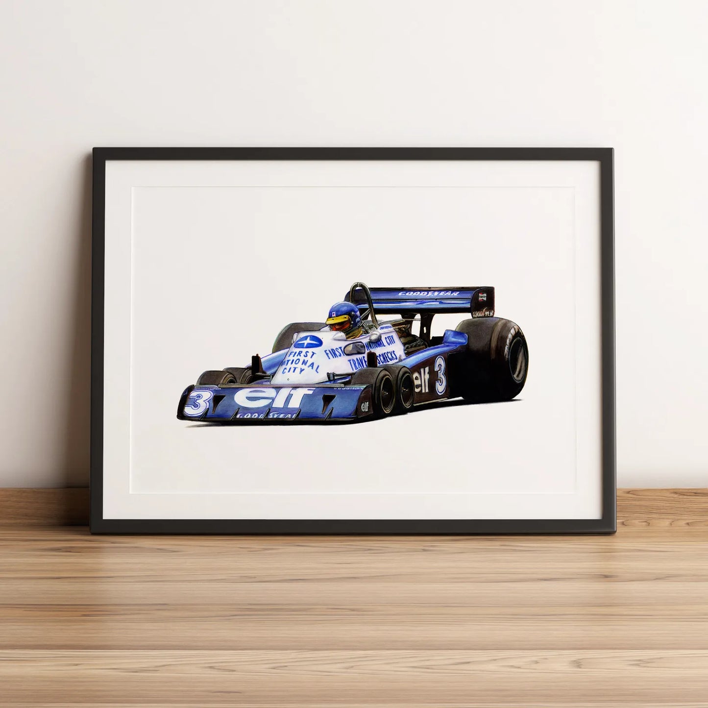 Illustration Formule 1 de Ronnie Peterson au volant de la Tyrrell P34 1977 dessinée à la main par l’artiste Anthony Caillon.