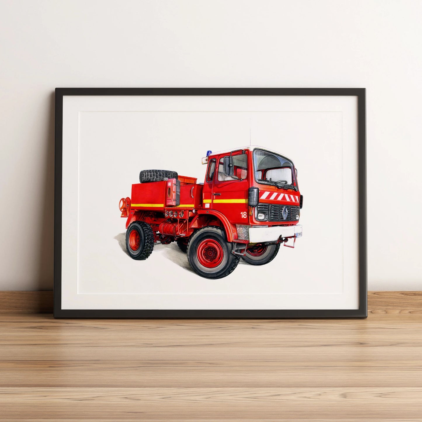 Illustration du camion de pompier le Renault Midliner Camiva 4x4 dessinée à la main par l’artiste Anthony Caillon.