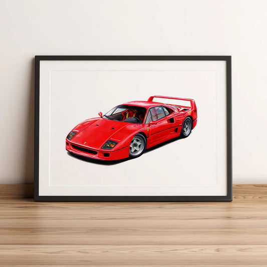 Illustration automobile de la Ferrari F40 dessinée à la main par l'artiste Anthony Caillon.