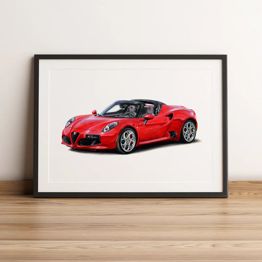 Illustration automobile de l'Alfa Romeo 4C Spider dessinée à la main par Anthony Caillon.