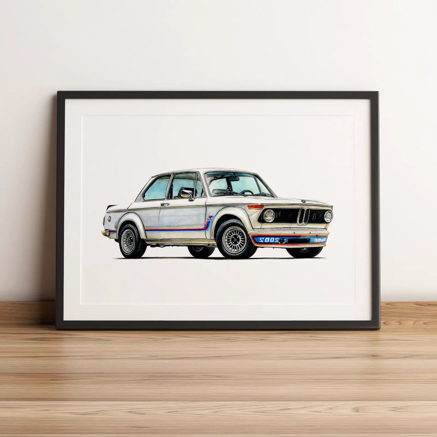 Illustration automobile de la BMW 2002 Turbo dessinée à la main par l'artiste Anthony Caillon.