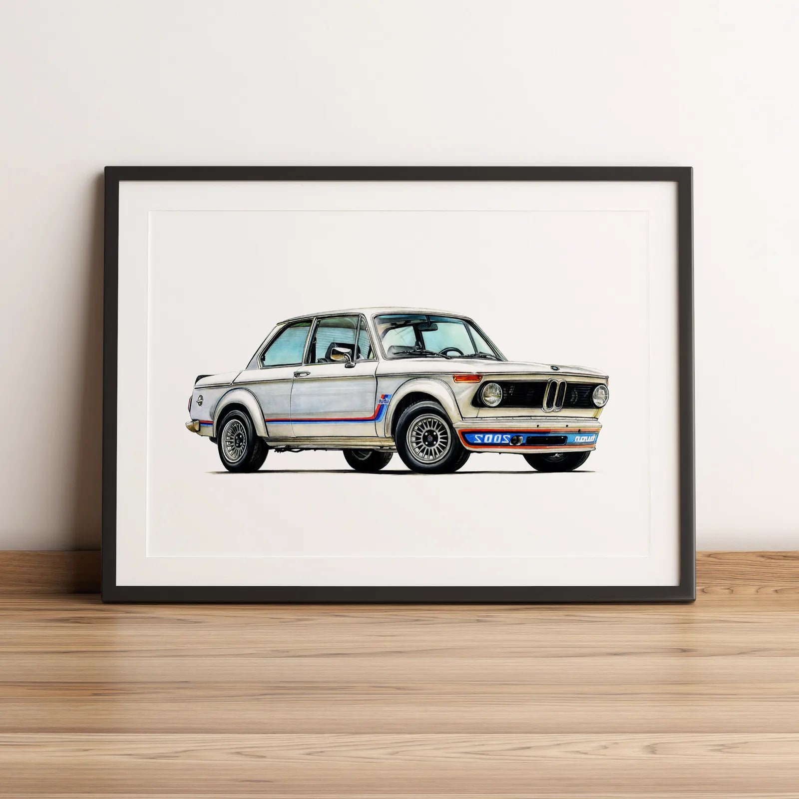 Illustration automobile de la BMW 2002 Turbo dessinée à la main par l'artiste Anthony Caillon.
