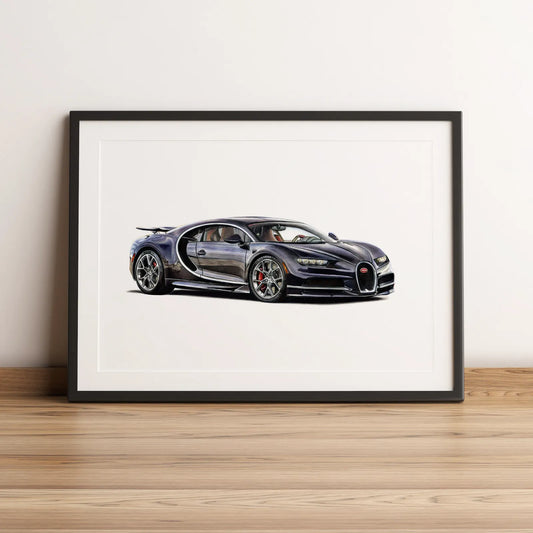 Illustration automobile de la Bugatti Chiron dessinée à la main par l'artiste Anthony Caillon.