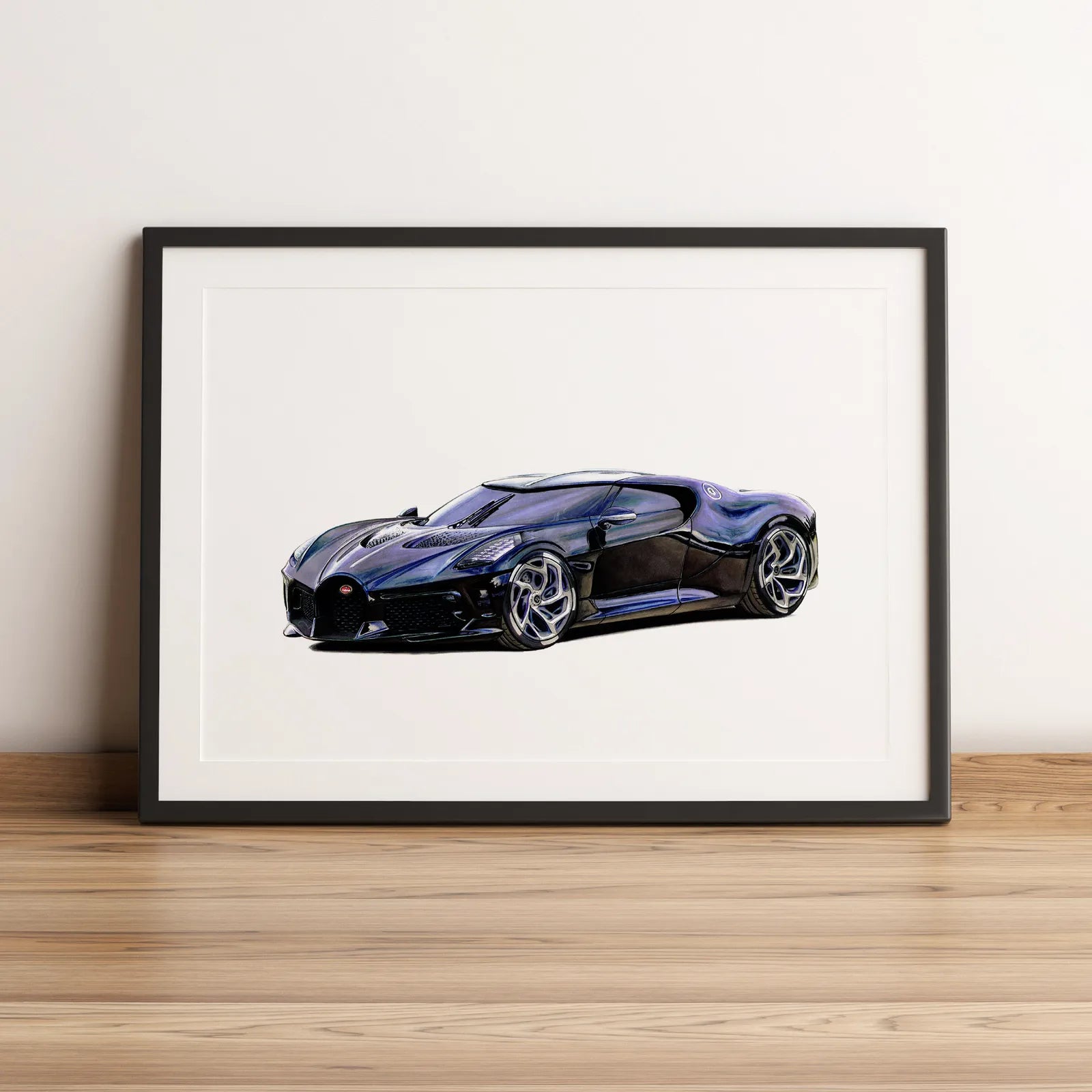 Illustration automobile de la Bugatti La Voiture Noire dessinée à la main par l'artiste Anthony Caillon.