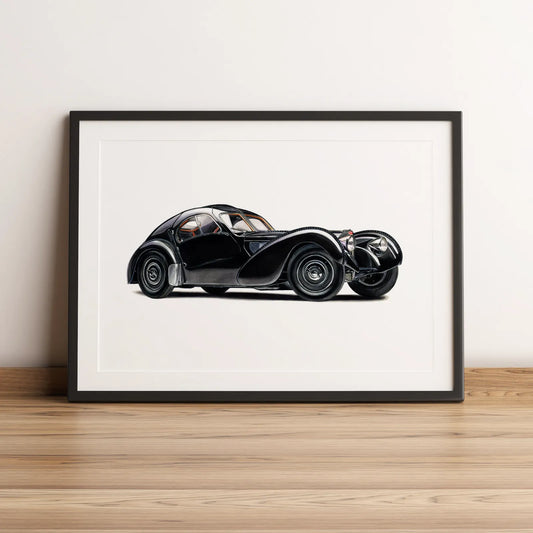 Illustration automobile de la Bugatti Type 57 SC Atlantic dessinée à la main par l'artiste Anthony Caillon.