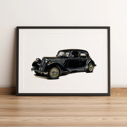 Illustration automobile de la Citroën Traction Avant dessinée à la main par l'artiste Anthony Caillon.