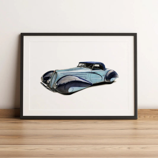 Illustration automobile de la Delahaye 135 M Cabriolet Figoni & Falaschi dessinée à la main par l'artiste Anthony Caillon.