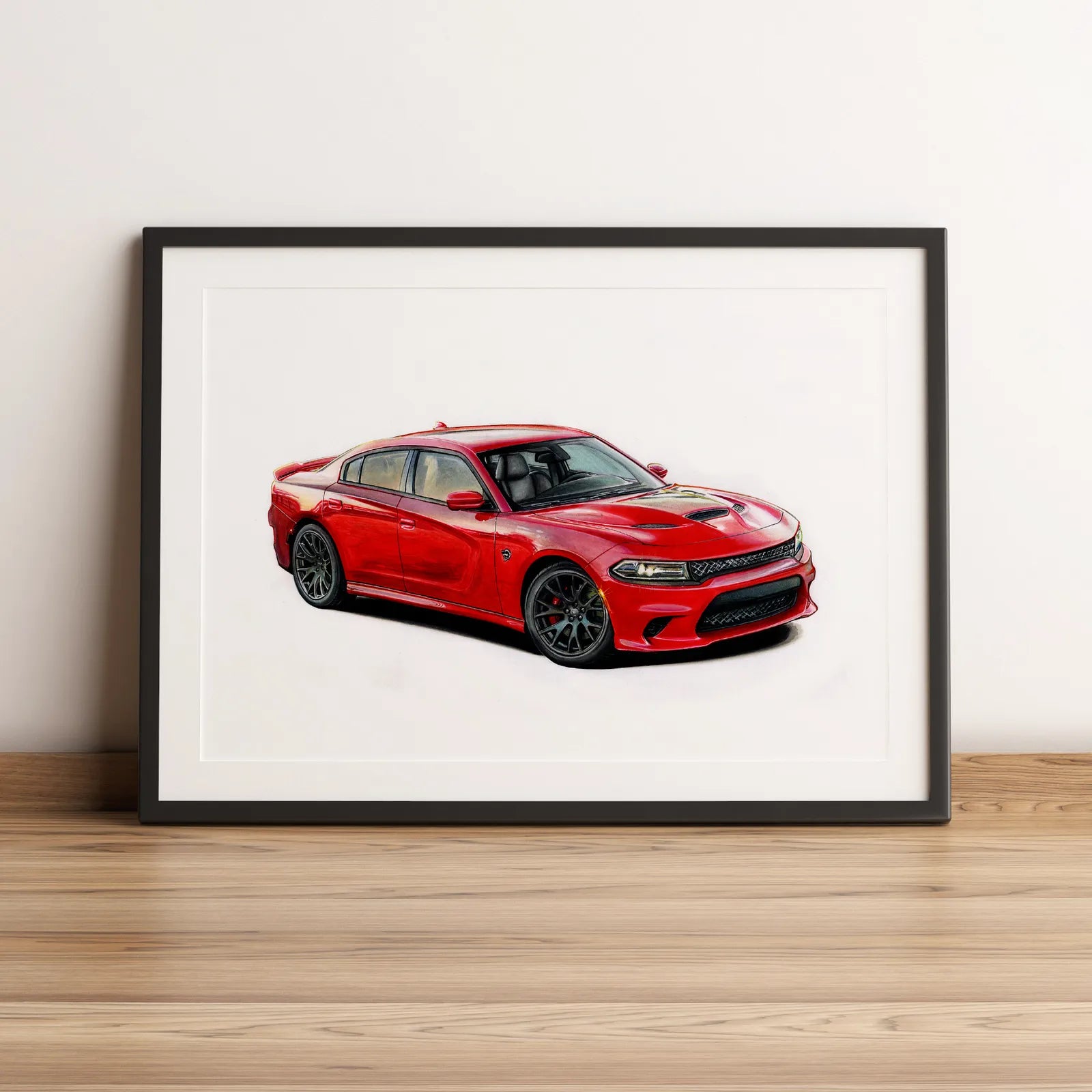 Illustration automobile de la Dodge Charger SRT Hellcat dessinée à la main par l'artiste Anthony Caillon.