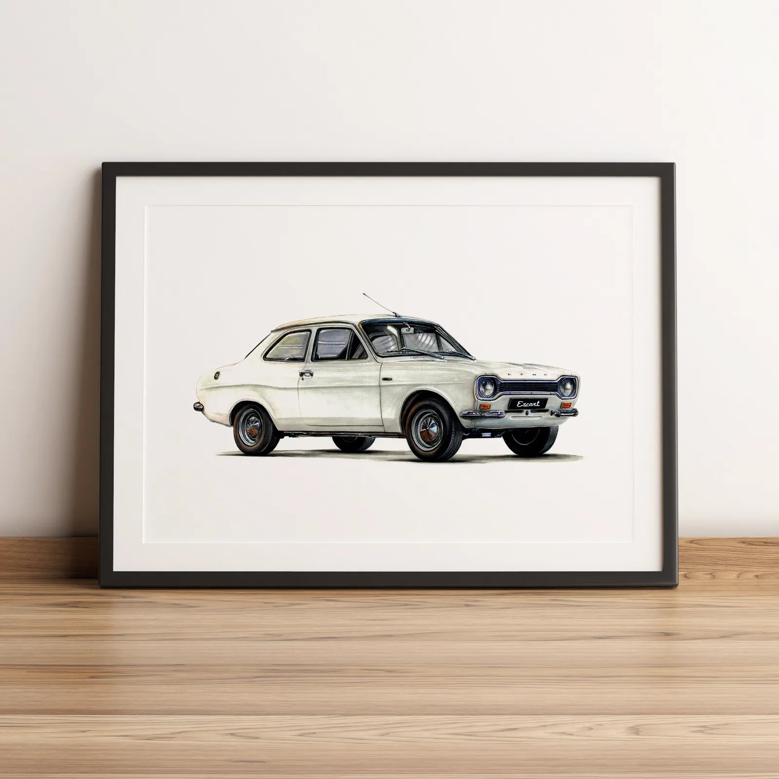 Illustration automobile de la Ford Escort MK1 dessinée à la main par l'artiste Anthony Caillon.