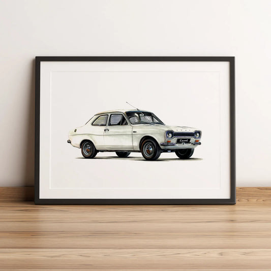 Illustration automobile de la Ford Escort MK1 dessinée à la main par l'artiste Anthony Caillon.