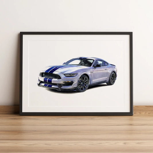 Illustration automobile de la Ford Mustang Shelby GT 350 de 2015 dessinée à la main par l'artiste Anthony Caillon.