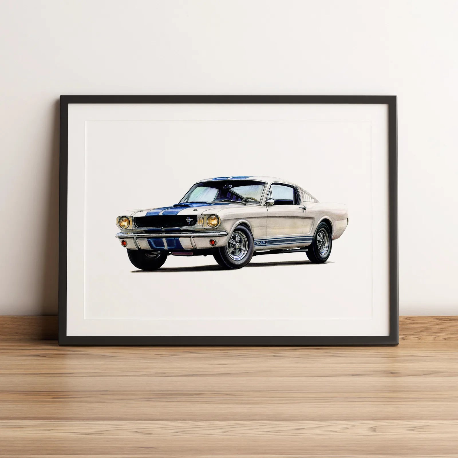 Illustration automobile de la Ford Mustang Shelby GT500 de 1967 dessinée à la main par l'artiste Anthony Caillon.
