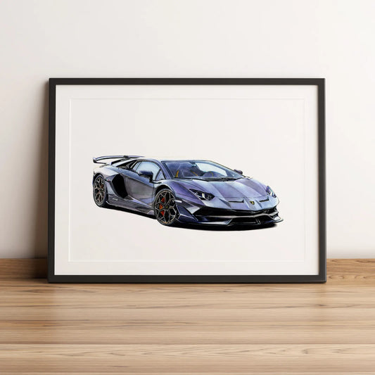 Illustration automobile de la Lamborghini Aventador SVJ dessinée à la main par l'artiste Anthony Caillon.
