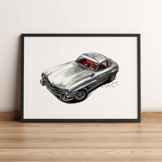 Illustration automobile de la Mercedes-Benz 300 SL dessinée à la main par l'artiste Anthony Caillon.