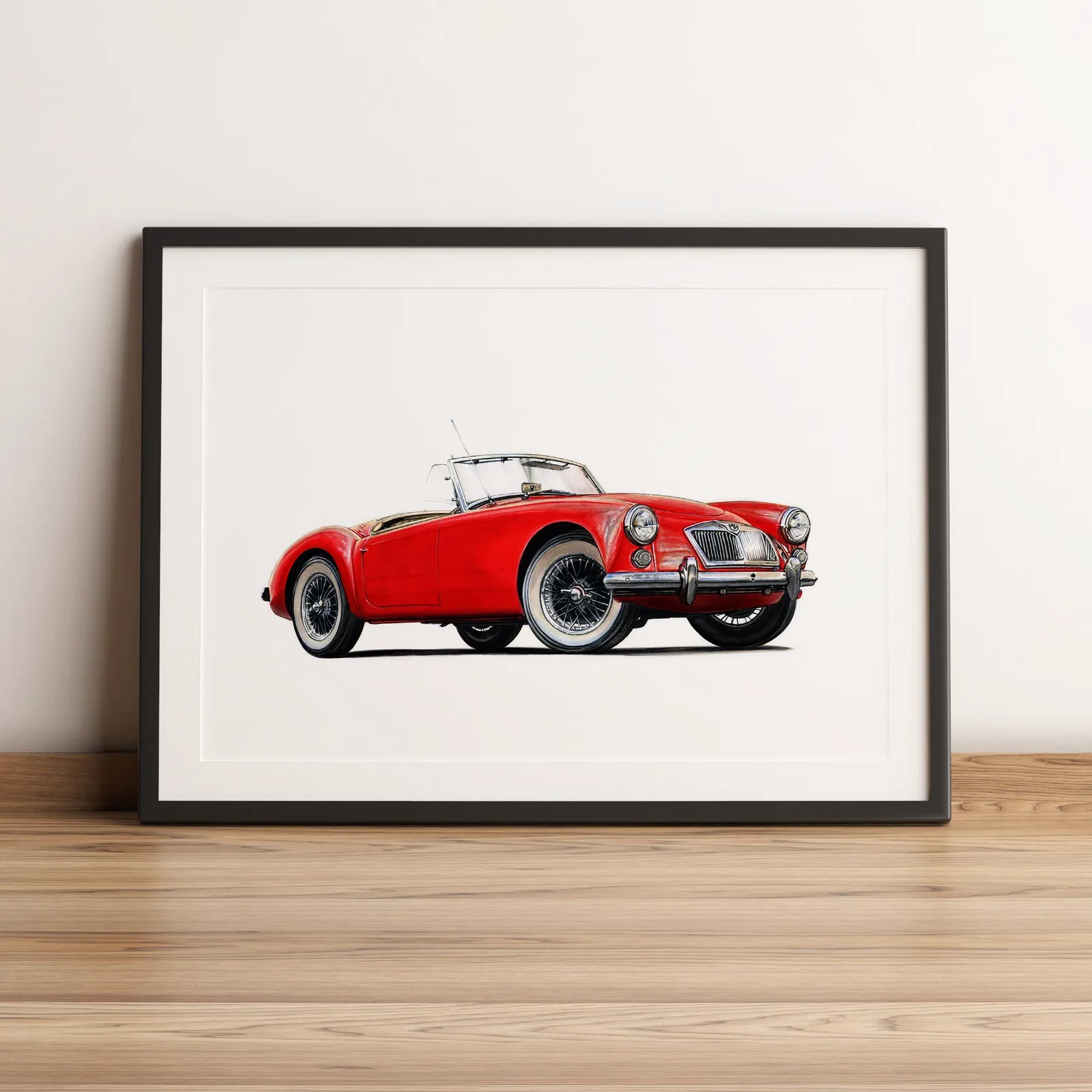 Illustration automobile de la MG Type A 1600 dessinée à la main par l'artiste Anthony Caillon.