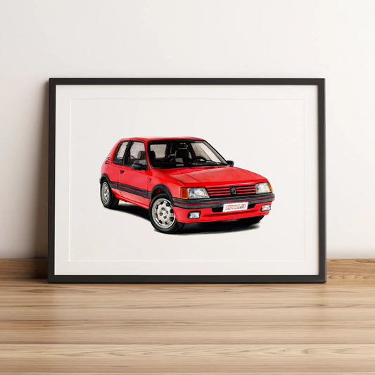 Illustration automobile de la Peugeot 205 1.9 GTI dessinée à la main par l'artiste Anthony Caillon.