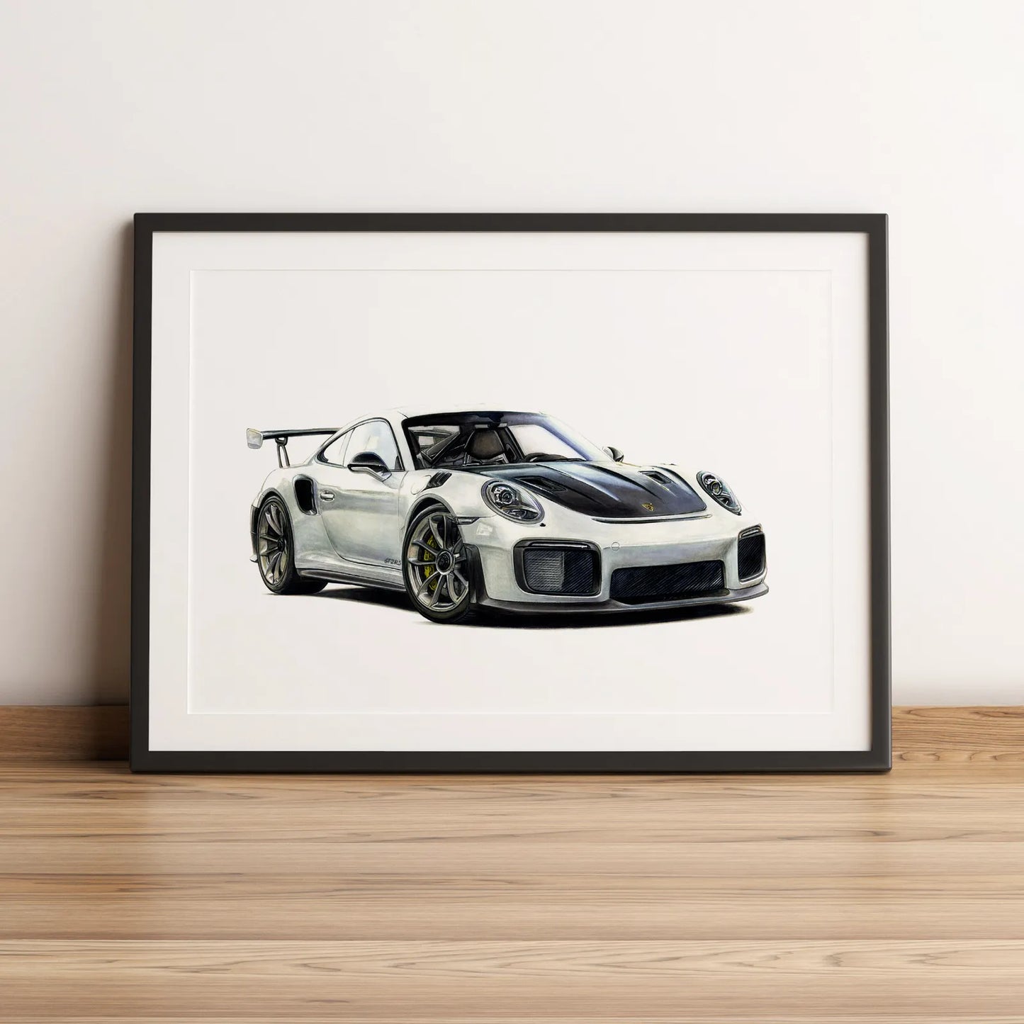 Illustration automobile de la Porsche 911 GT2 RS dessinée à la main par l'artiste Anthony Caillon.