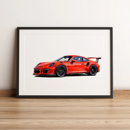 Illustration automobile de la Porsche 911 GT3 RS dessinée à la main par l'artiste Anthony Caillon.
