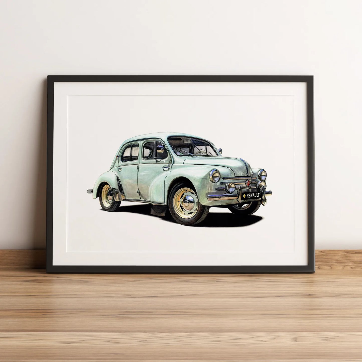 Illustration automobile de la Renault 4CV dessinée à la main par l'artiste Anthony Caillon.