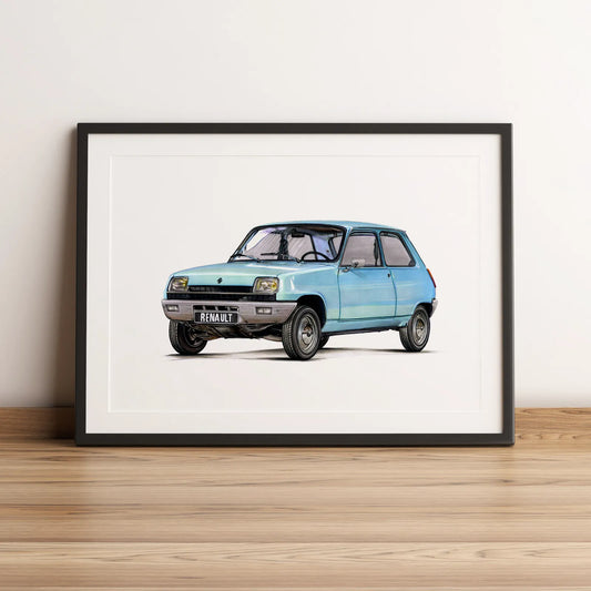 Illustration automobile de la Renault 5 dessinée à la main par l'artiste Anthony Caillon.