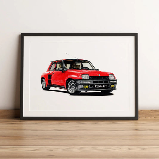 Illustration automobile de la Renault 5 Turbo 2 dessinée à la main par l'artiste Anthony Caillon.