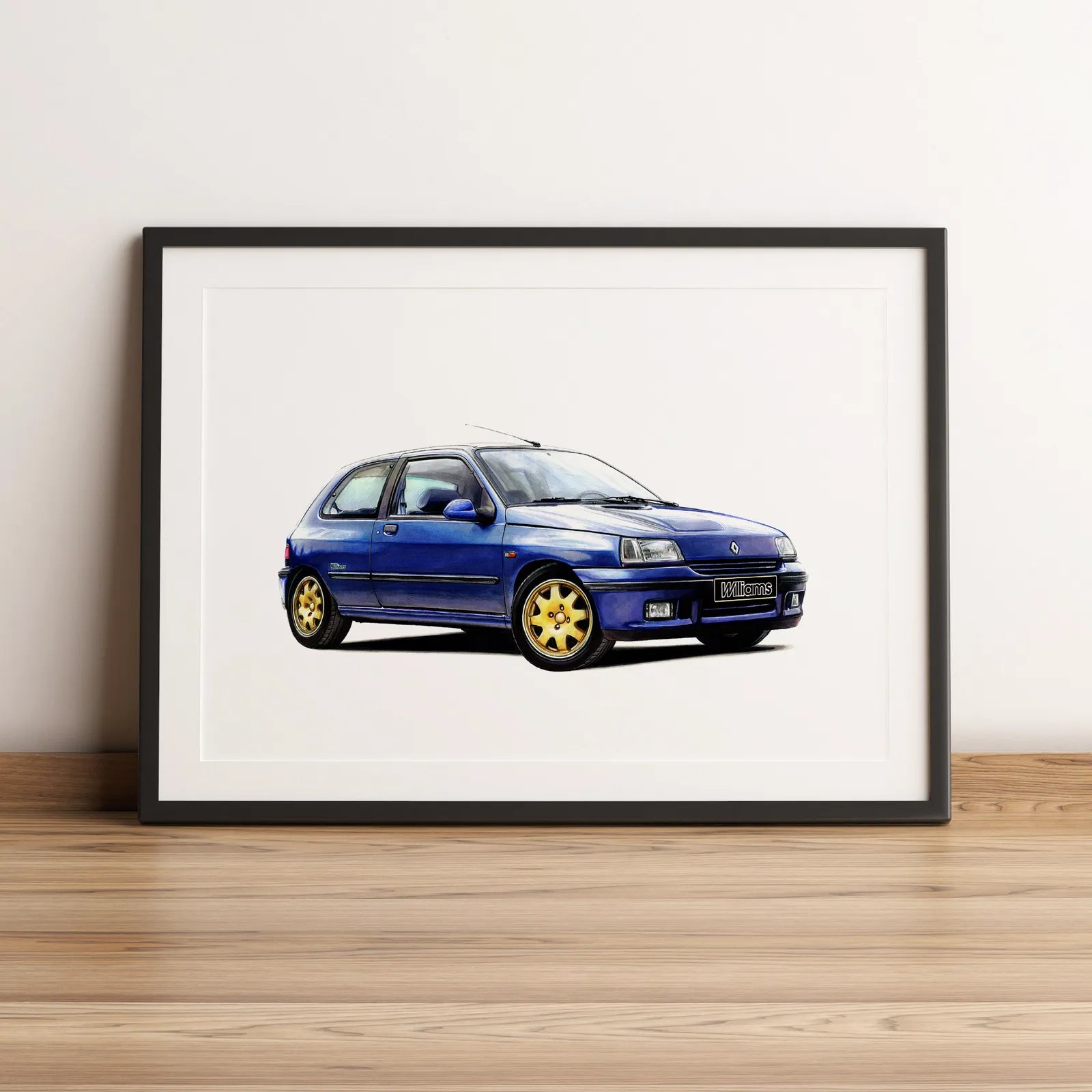 Illustration automobile de la Renault Clio Williams dessinée à la main par l'artiste Anthony Caillon.