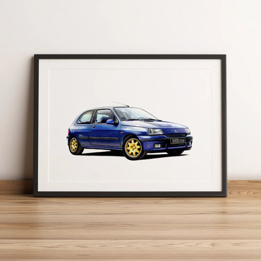 Illustration automobile de la Renault Clio Williams dessinée à la main par l'artiste Anthony Caillon.