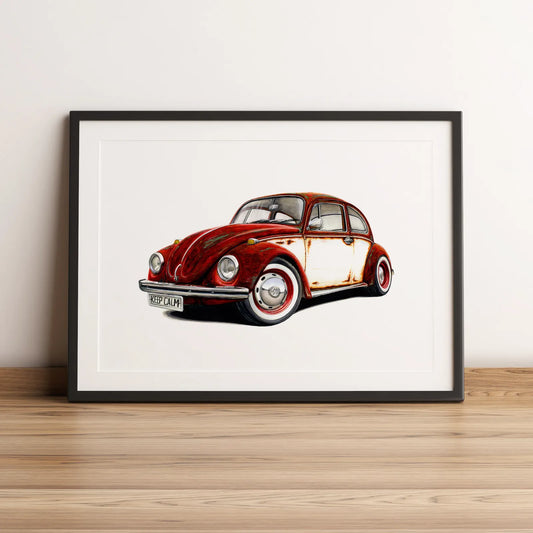 Illustration automobile de la Volkswagen Coccinelle Rat's Look dessinée à la main par l'artiste Anthony Caillon.