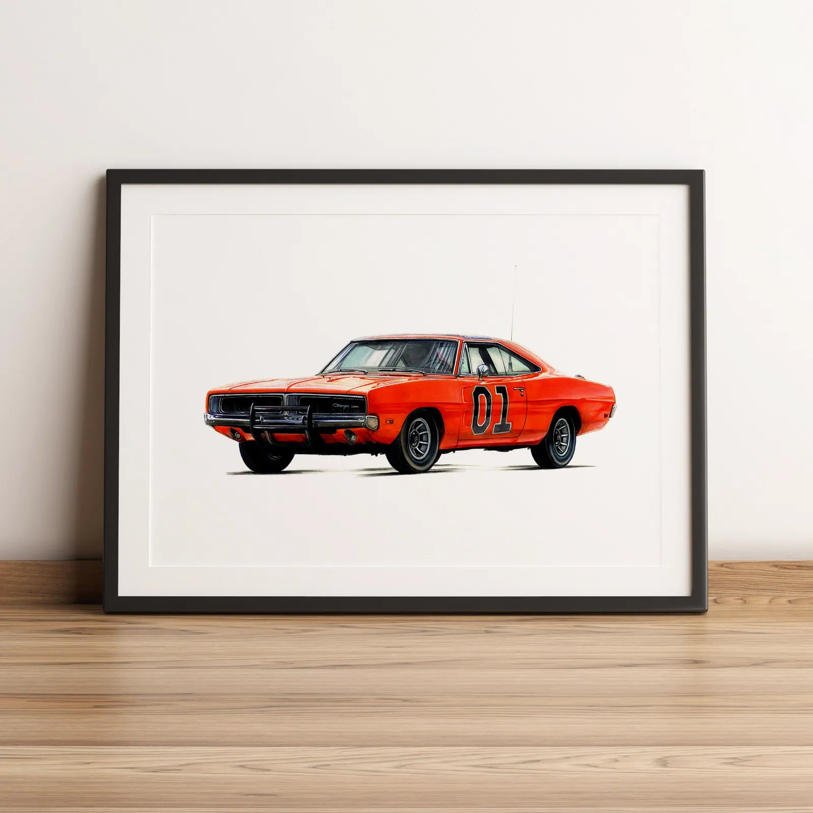 Illustration cinéma de la Dodge Charger "General Lee" de la séerie "Shérif, fais-moi peur" 1969 dessinée à la main par l’artiste Anthony Caillon.
