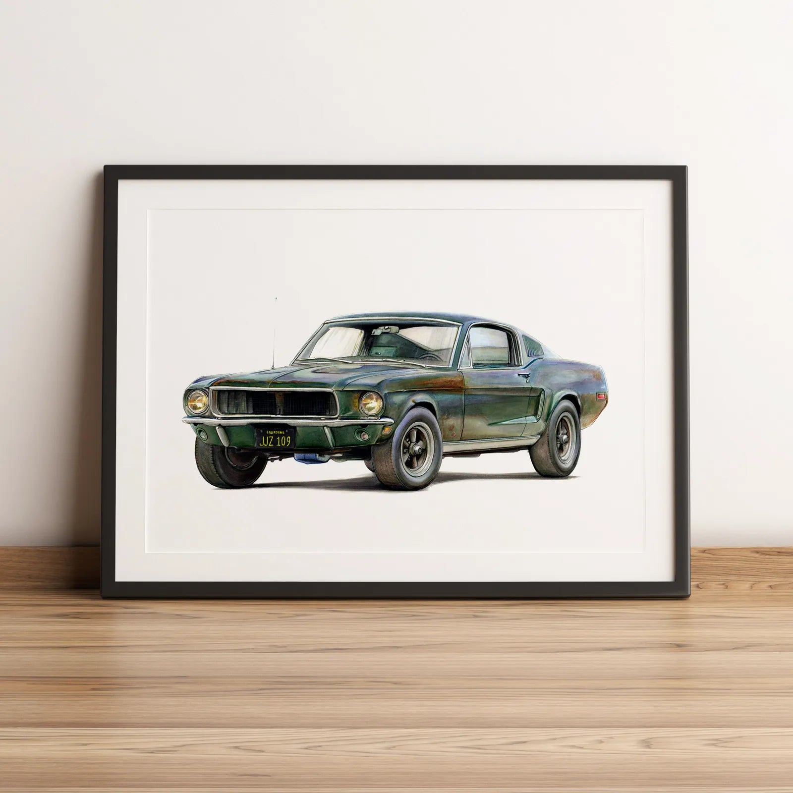 Illustration cinéma de la Ford Mustang 390 Fastback GT du film "Bullitt" 1968 dessinée à la main par l’artiste Anthony Caillon.