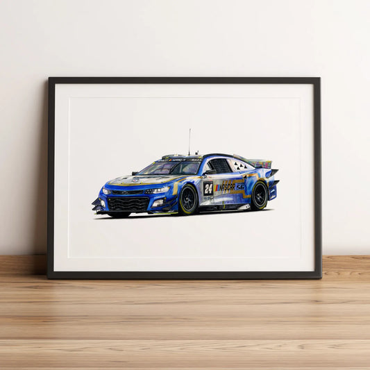 Illustration d’endurance de la Chevrolet Camaro ZL1 du Garage 56 2023 dessinée à la main par l’artiste Anthony Caillon.