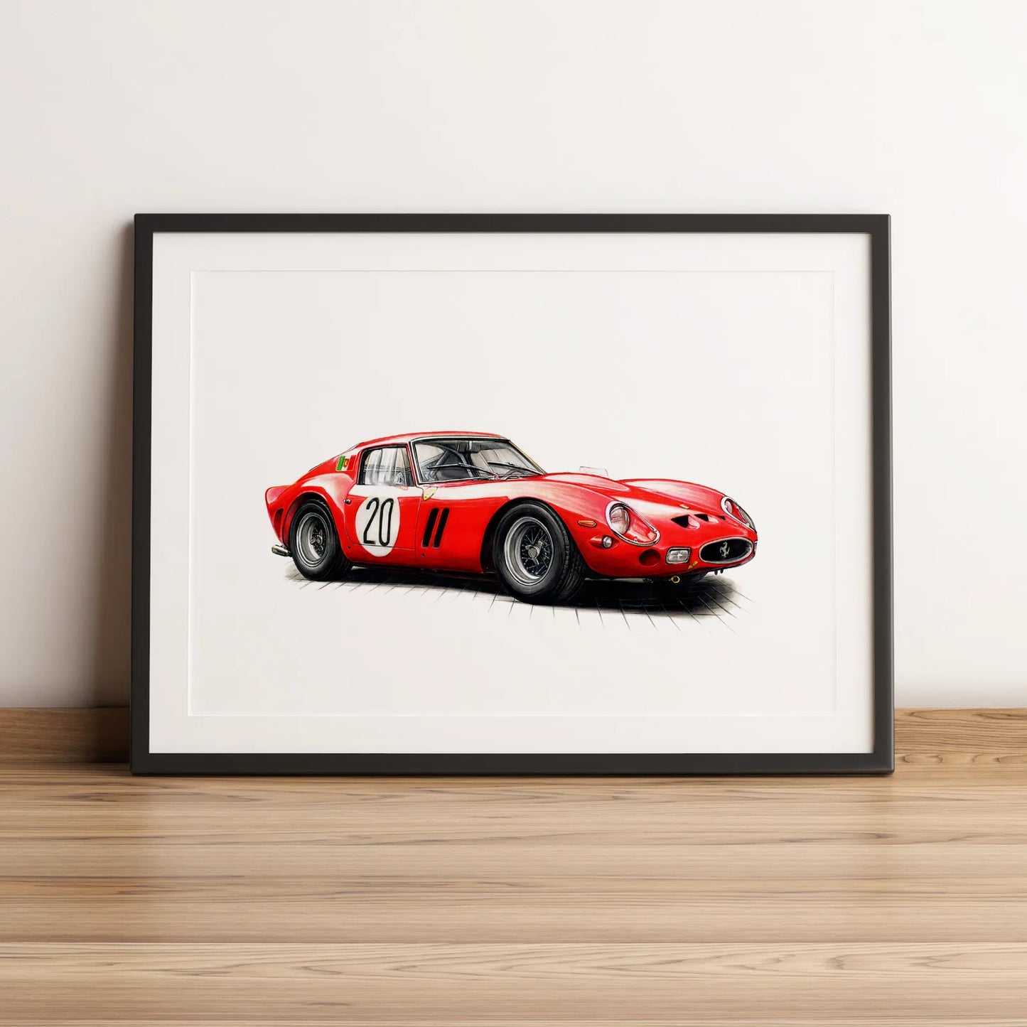 Illustration d’endurance de la Ferrari 250 GTO 1962 dessinée à la main par l’artiste Anthony Caillon.