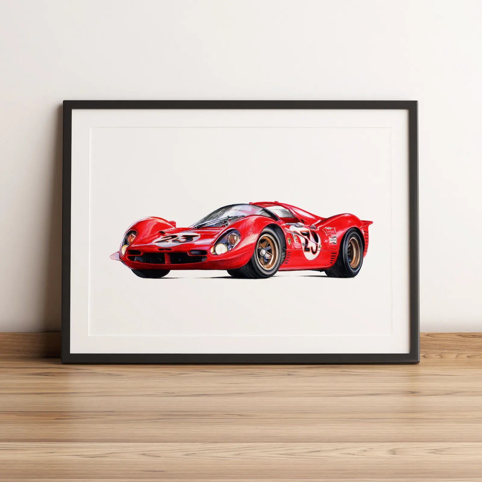 Illustration d’endurance de la Ferrari 330 P4 1967 dessinée à la main par l’artiste Anthony Caillon.